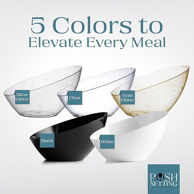 Posh Setting - White Plastic Serving Bowls for Party Angled Bowls Disposable Chip Bowls Candy Bowls for Party Table Salad and Fruit Bowls for Party Wedding Serving Bowls - White, 8 OZ, 5 Pack