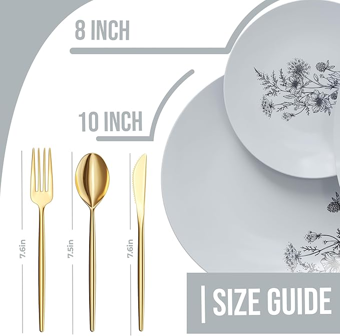 Trendables Fancy Plastic Dinnerware Sets 200 Pc 40 Guests Gold Silverware Disposable 40 X 10 Inch Charger Plates 40 X 8 Inch Dessert Plates 40 x Gold Plastic Forks and Spoons Knives In Dandelion Bloom