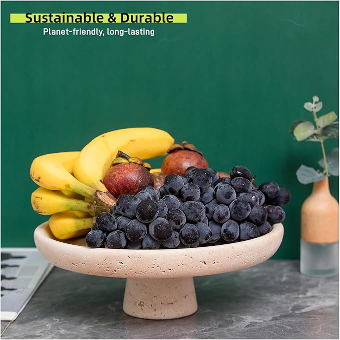 Natural Travertine Fruit Bowl 10.2" – Large Decorative Bowl & Travertine Decor Pedestal for Kitchen Counter & Dining Table ,For Entryway, Kitchen Fruit Bowl, Potpourri, Dining Table Centerpiece.