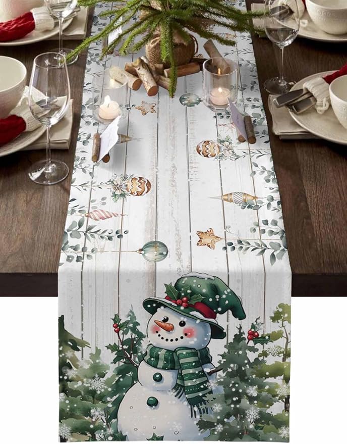 Christmas Snowman Table Runner 120 Inches Long, Xmas Trees Eucalyptus Leaves by Unknown