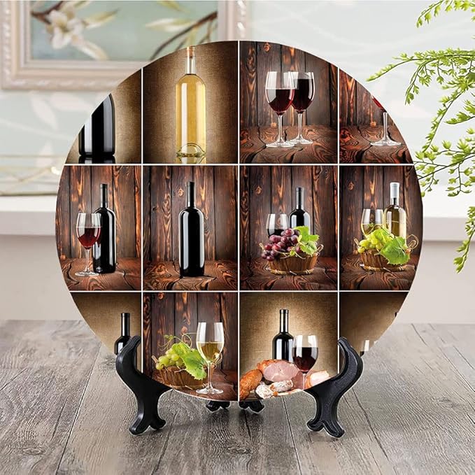 Ceramic Plates, Wine Decorative Ceramic Plates, Wine Themed Collage on Wooden Backdrop with Grapes and, 6 Inch, Household Plates Decorative, Brown Black Red