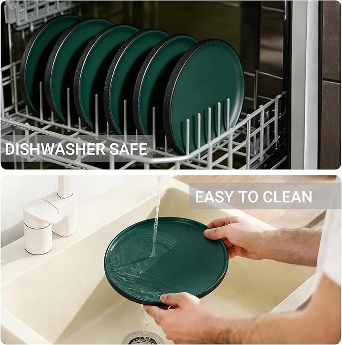GZG Classic Series - Plates and Bowls Set for 8, 24 Piece Stoneware Dinnerware Sets, Microwave and Dishwasher Safe Lead-Free Handcrafted Ceramic Dishes Set - Malachite Green