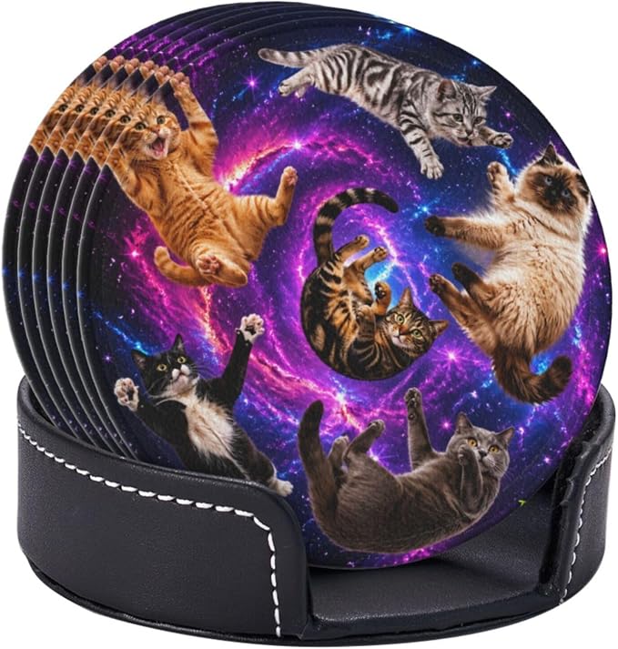 Cosmic Galaxy Cat Art Leather Coasters Set of 6 - Image 2