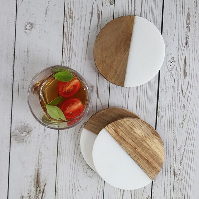 I-LAN Set of 4 Round Natural Wood and Marble Style Drink Coasters for Coffee Wooden Table, Drink Bar Coaster Set/Tea Table Coasters for Living Room,Beer Cans,Bar Glasses,4 x 4 Inch