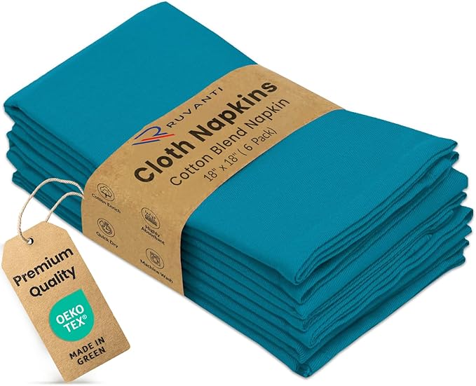 Ruvanti Cloth Napkins Set of 6, 18x18 Inches Napkins Cloth Washable, Soft, Durable, Absorbent, Cotton Blend. Table Dinner Napkins Cloth for Hotel, Lunch, Restaurant, Wedding Parties - Teal
