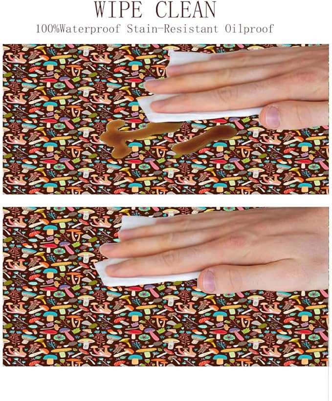 Round Vinyl Fitted Tablecloth, Mushrooms Print Polyester Table Cloth, Attractive Various Cartoon Leaves and Mushrooms Graphic, Holiday Party Home Kitchen Dining Table Decoration