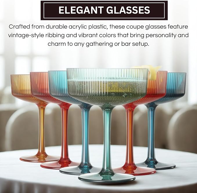 Khen Retro Acrylic Ribbed Glasses, 10oz Multicolor Shatterproof Stemware Coupe - Image 4