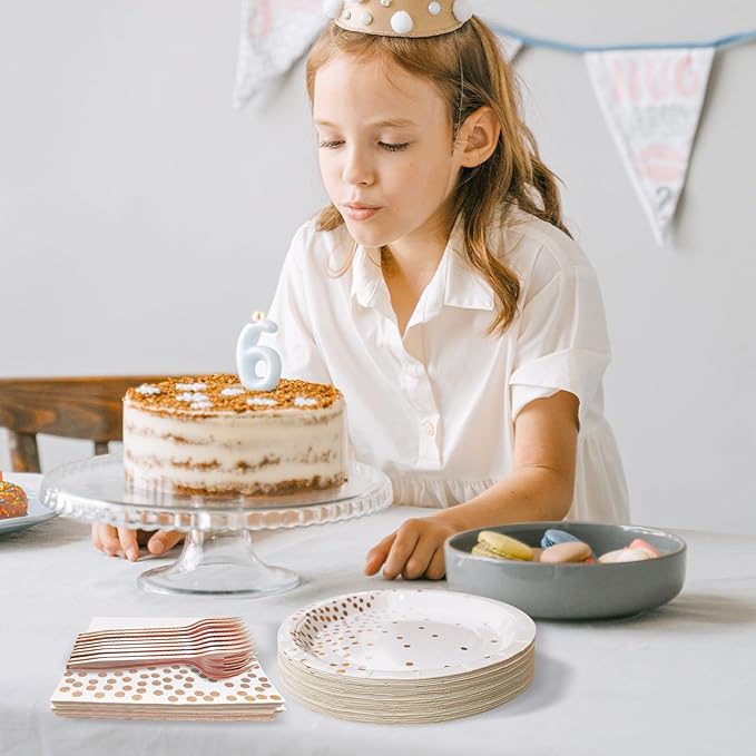 Serves 35 Guests White and Rose Gold Party Supplies,White and Rose Gold Birthday Paper Plates and Napkins,7" Disposable Party Dinnerware for Women
