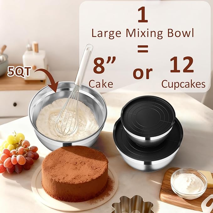 9 Pack Mixing Bowls with Airtight Lids Set, Stainless Steel Mixing Bowls with Grater Attachments, Nesting Kitchen Bowl Set with Non-Silp Bases, Size 5, 4, 3, 2, 1.5,1QT, Black