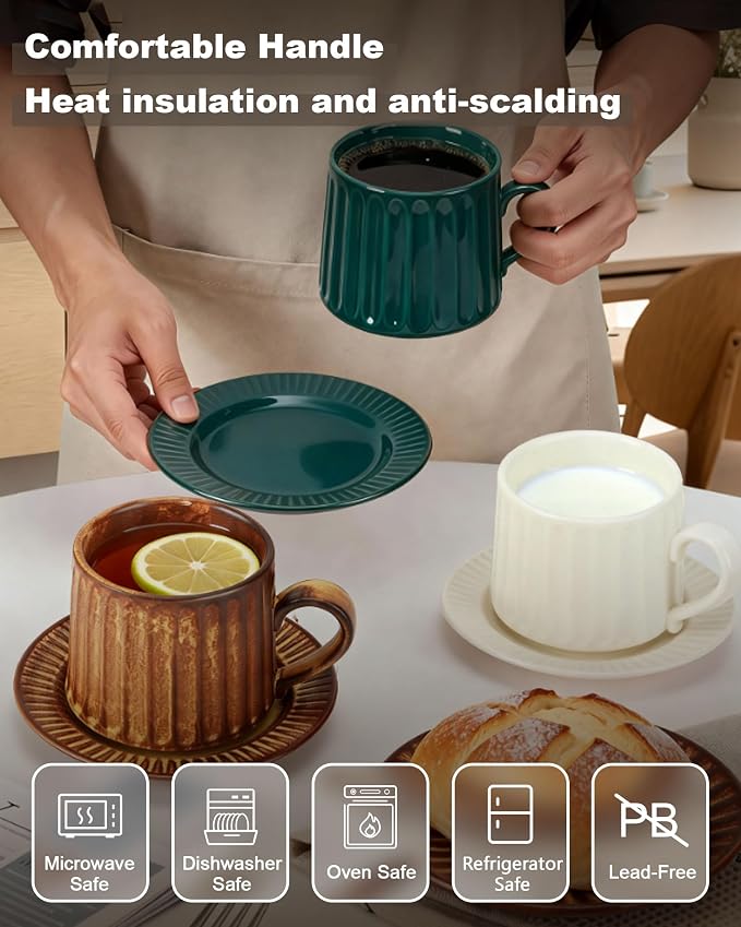 Ceramic Cup and Saucer Set, 11.5 oz Coffee Cups - Image 3