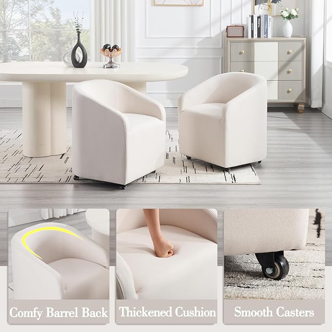 Modern Barrel Dining Chairs with Rolling Casters Set of 6, Upholstered Linen Swivel Dining Room Chairs with Wheels for Kitchen Living Room Home Office, Beige