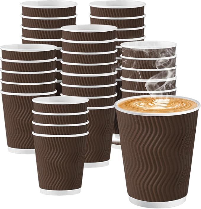 120 Pack 10 oz Coffee Cups, Disposable Corrugated Insulated Ripple Wall Paper Coffee Cups 12oz for Hot or Cold Drinks Office Home Cafe Party Travel (Brown)