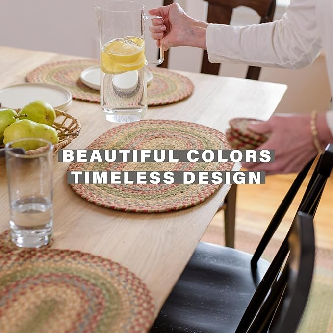 Homespice Azalea Jute Braided Oval Placemats, Warm Country Primitive Decor, Set of 6, 13x19 Multicolor Table Mats - Vibrant Colors, Durable, Easy to Clean and Protects Furniture