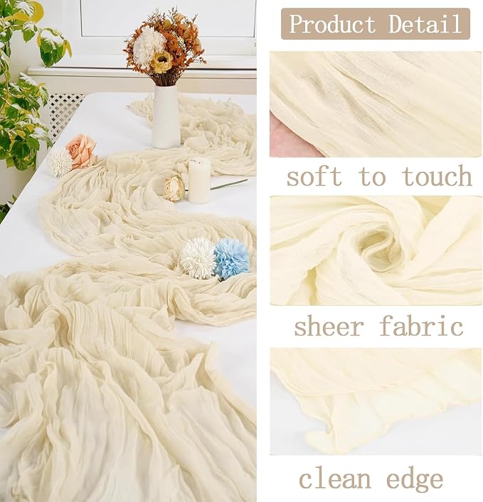 4 Pack Ivory Cheesecloth Table Runner 20 x 120 inch Gauze Table Runners 10 FT - Image 3