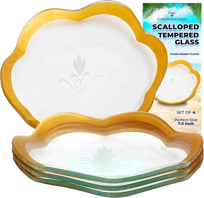 GAC Scalloped Tempered Glass Dessert Plates and Platters - Elegant Dinnerware & Decorative Plates with Gold Trim, Ideal for Serving Food, Special Occasions, and Presents - Set of 4, 7.5 Inch