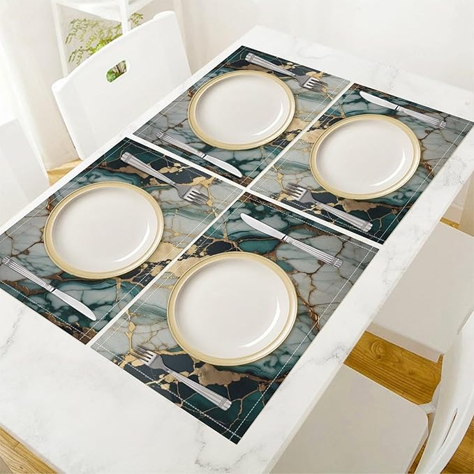 Marble Linen Placemats Set of 4, Modern Abstract Foil Texture White Green Gold Marble 12x17 Inch Washable Table Mats Non Slip Placemats for Wedding Party Kitchen Banquets Dining Decoration