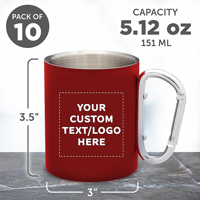 Custom Stainless Steel Mugs with Carabiner Handle 10 oz. Set of 10, Personalized Bulk Pack - Perfect for Coffee, Soda, Other Hot & Cold Beverages - Red