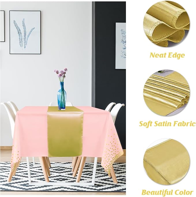 8Pack Disposable Plastic Tablecloths and Satin Table Runner Set Pink and Gold - Image 3