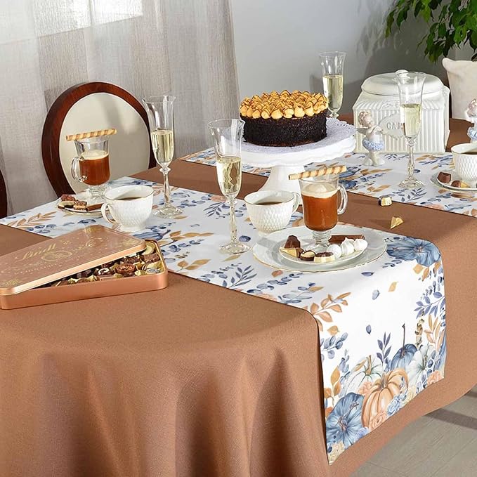 Blue Pumpkin Fall Table Runner 108 Inches Long, Thanksgiving Floral Eucalyptus - Image 5