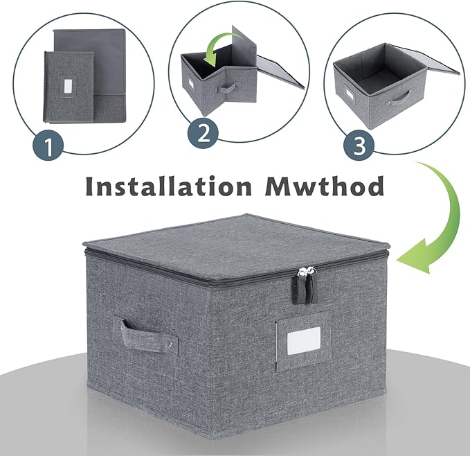 popoly China Storage Containers Inside 12" W x 8" H, Dinnerware Storage Box for Dishes Plate Storage with 24 Felt Dividers, Hold 24 Plates, Hard Shell and Stackable（4PACK