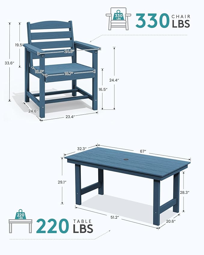 SERWALL Dining Table Chairs Set for 4，67" Extended Large Dining Table with 4 Chairs, HDPE Dining Set for Home, Kitchen, Dining Room, Blue