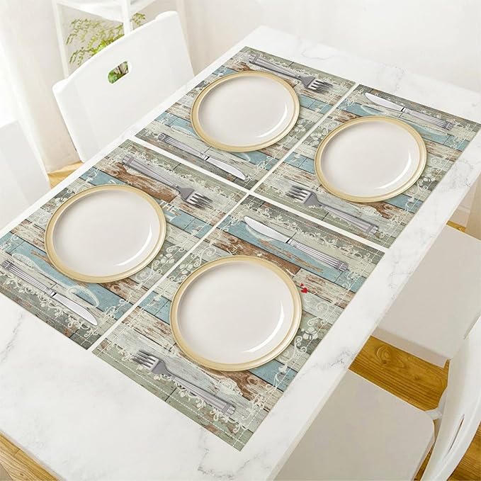 Vintage Farmhouse Placemat Set, Green Blue Rustic Wooden Plank Art Sketch Cutlery Knife Fork Inspirational Quotes Pattern Home Decor Linen Table Mats for Dining Room Kitchen Party (17x12in) x2P