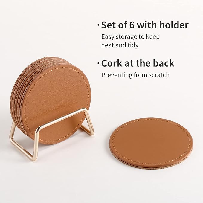 CASEGRACE Drink Coasters with Metal Holder Stand Set of 6, PU Leather Absorbent - Image 4