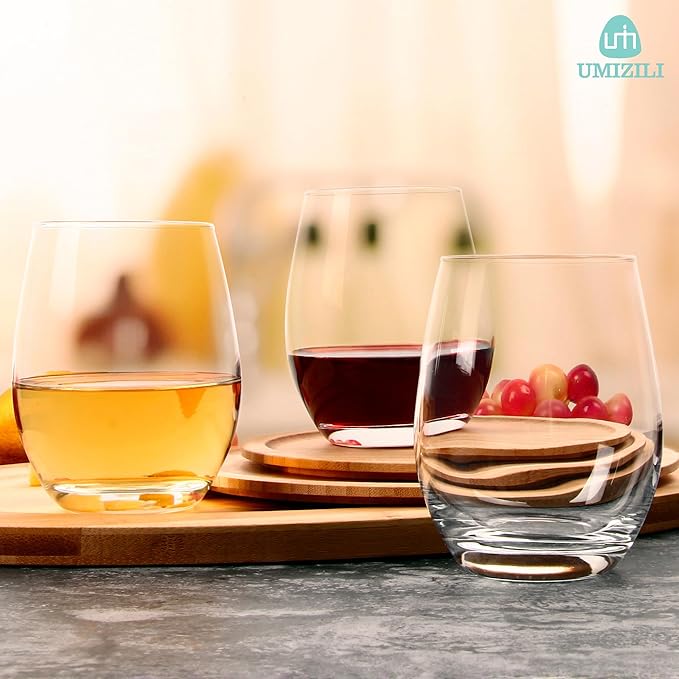 UMI UMIZILI Stemless Wine Glass Set of 12, 14OZ Wine GLass for White Red Wine, Classic Shape Wine Glass with Smooth Rim, Crystal Clear