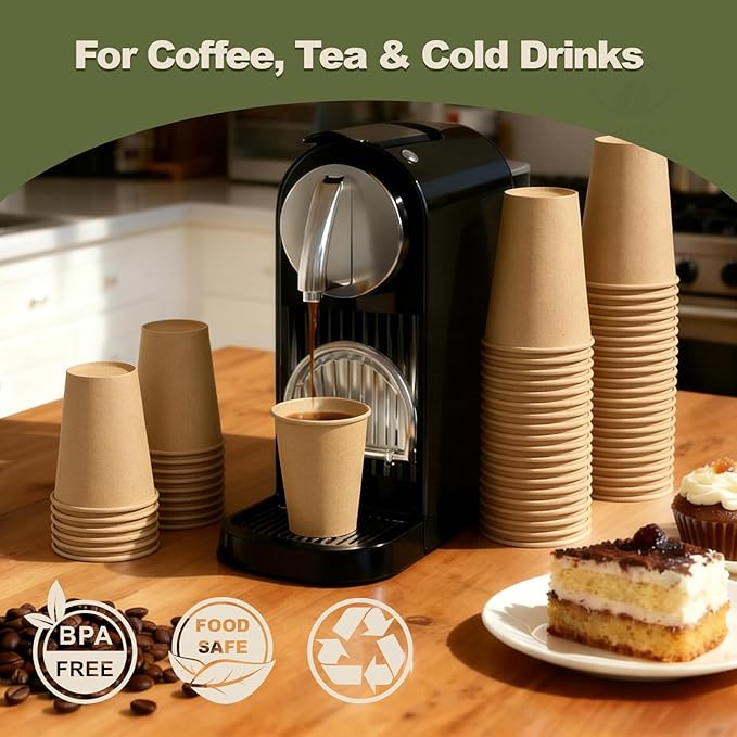 12 oz 100 Pack Disposable Coffee Cups, Bulk Brown Disposable Paper Cups, Coffee Cups for Hot Tea, Chocolate and Cold Drinks