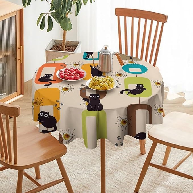 Bohemian Black Cat Round Tablecloth, Rustic Vintage Mid Century Geometric Tablecloth for Home Party Dining Room Kitchen Decor 70Inch(178cm)