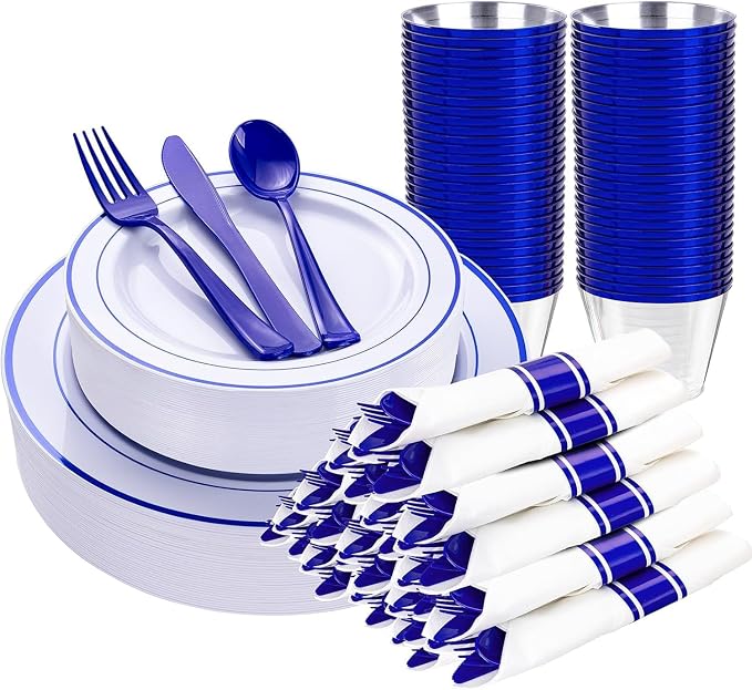 WELLIFE 210 Piece Blue Disposable Dinnerware Set, Plastic Plates by WELLIFE