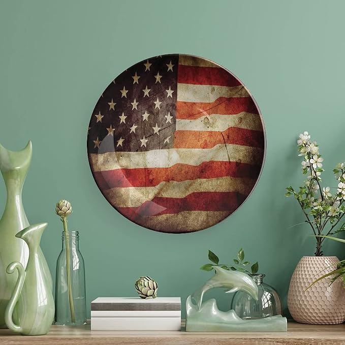 Ceramic Display Plate, American Flag Ceramic Hanging Decorative Plate, Grunge Look Patriotic, 8 Inch, Household Custom Ceramic Plate, Multicolor