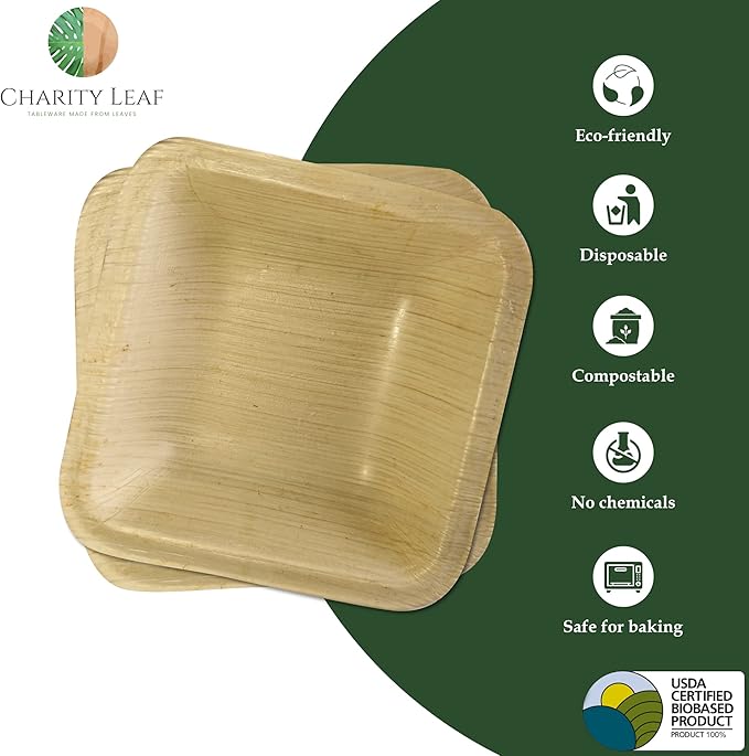 Charity Leaf Disposable Palm Leaf 3.5" Square Mini Bowl (400 pcs) Dipping Bowls | Bamboo Like| All Natural and Biodegradable | Charcuterie Boards, BBQs, and Parties