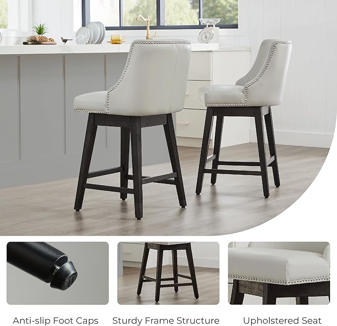 CHITA Counter Height Swivel Bar Stools, FSC Certified Upholstered Counter Stools, Modern Swivel Barstools with Wood Legs for Kitchen Island, 26" Seat Height, Faux Leather in Creamy Grey