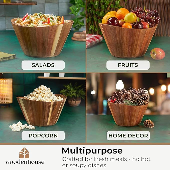 Woodenhouse Wooden Salad Bowl Set, Salad Bowls Set of 3 - Wavy Design Salad Bowl Set for Serving, Handmade, Durable and Stylish Natural Wood Dining Accessory