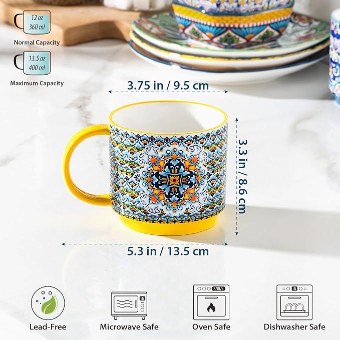 Coffee Mugs Set of 6, 12 oz Ceramic Boho Stackable Cups - Image 2