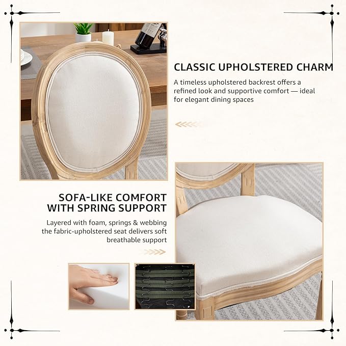 Vintage French Dining Chairs Set of 6, Round Back Accent Chairs with Linen Seat and Solid Wood Frame, Farmhouse Sillas de Comedor Upholstered for Dining Room & Kitchen, Beige