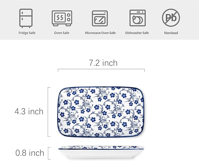 Selamica Rectangular Salad Plates, 7.1 Inch Dessert Plates Ceramic, Small Plates for Appetizer, Snack, Sushi, Fruit, Set of 6, Vintage Blue
