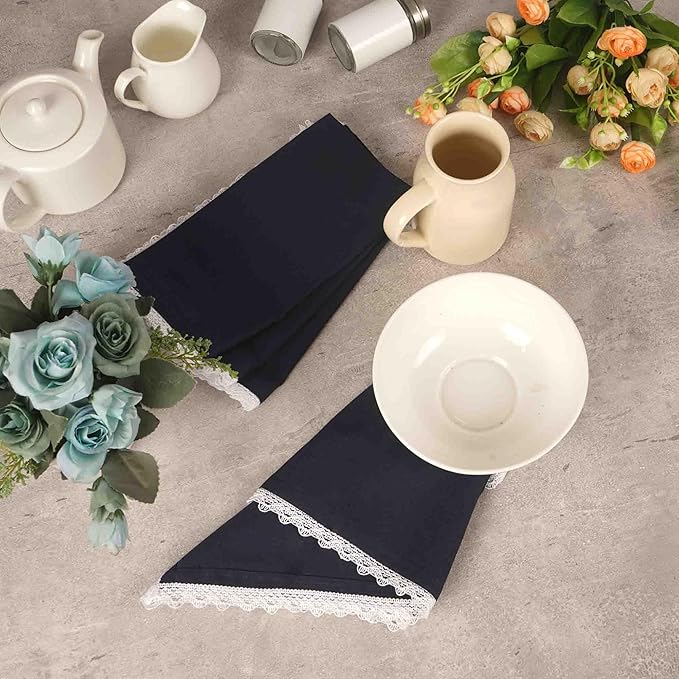 FINGERCRAFT Dinner Cloth Napkin Cotton Linen Blend 4 Pack Mitered Corners with Elegant Lace for Everyday Use Napkins are Pre Shrunk and Good Absorbency Navy