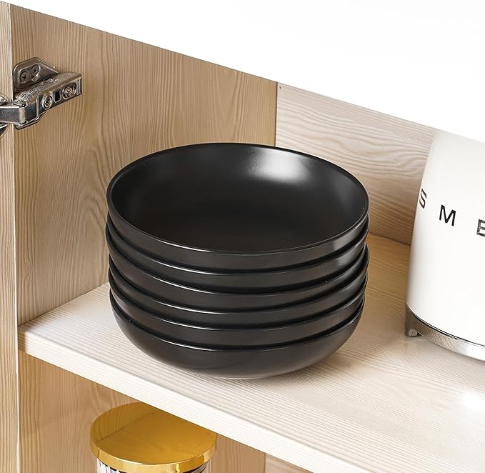 Selamica Porcelain 8.6 inch Salad Pasta Bowls Set of 6, 34 OZ Bowls Plates, Wide and Shallow Serving bowls, Microwave & Dishwasher Safe, Sturdy & Stackable, Set of 6(Black)