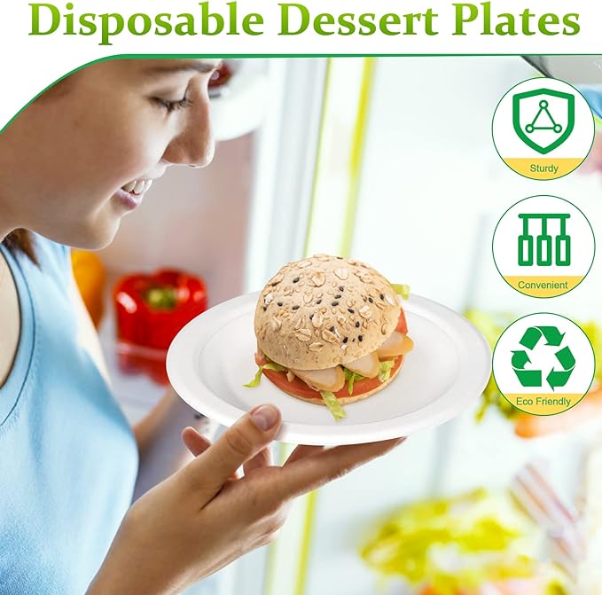 150 Pack Compostable Eco-friendly Plates: Small, White Plates (6 inch), Perfect for Dessert, Cake, Appetizer