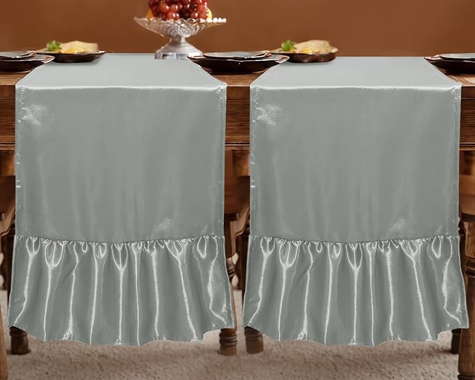 2 Pack Grey Satin Table Runner 12 x 72 Inch | Ruffle Design, Luxurious Dining - Image 3