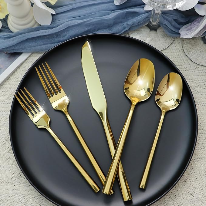 Silverware Set 20-Piece Stainless Steel Mirror Polishing Gold Cutlery, Hand Forged Thick Hexagon Handle Flatware Sets, Service for 4