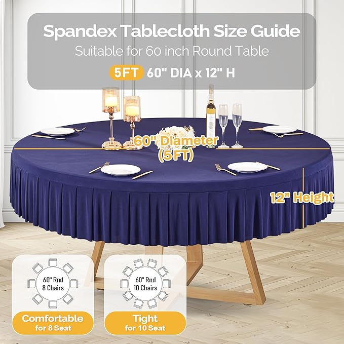 2 Pack Navy Blue Spandex Round Tablecloths for 60 Inch Tables, Stretchy Fitted 5FT Cloths, Wrinkle-Free Cover With Skirt for Wedding, Party, Dining, Banquet