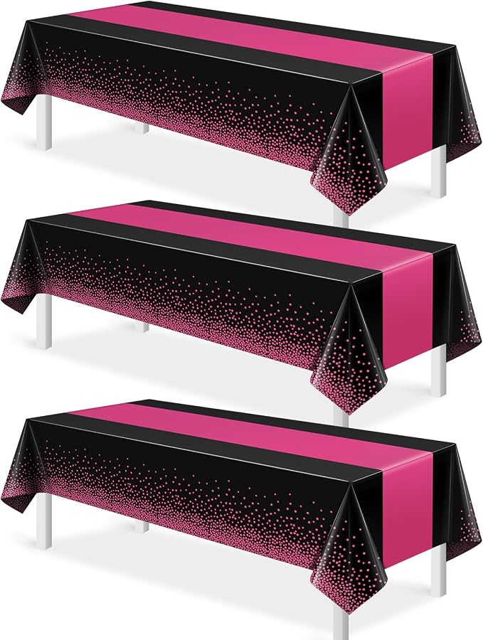 3Pcs Black Hot Pink Tablecloth Party Decorations, Plastic Black Table Cloth by MASHAN