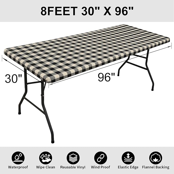 Smiry Rectangle Picnic Table Cloth, Elastic Waterproof Fitted Vinyl Tablecloths, Flannel Backed Buffalo Plaid Table Covers for Dining, Camping, Outdoor (Black and Beige, 30" x 96")