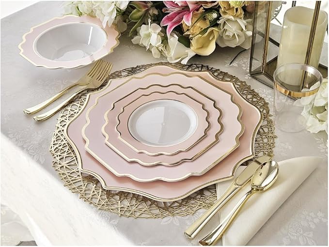 " OCCASIONS " 50 Plates Pack (25 Guests)-Heavyweight Wedding Party Disposable Plastic Plate Set -(25x10.5'' Dinner + 25x8'' Salad/Dessert) (Imperial in Blush Pink & Gold)