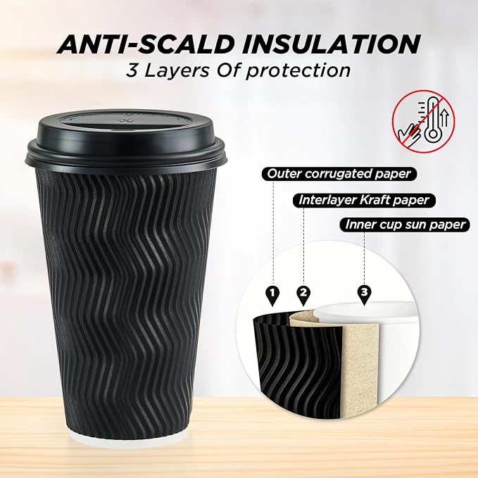 16 oz Coffee Cups with Lids, 50 Pack Black Insulated To Go Disposable Coffee - Image 3