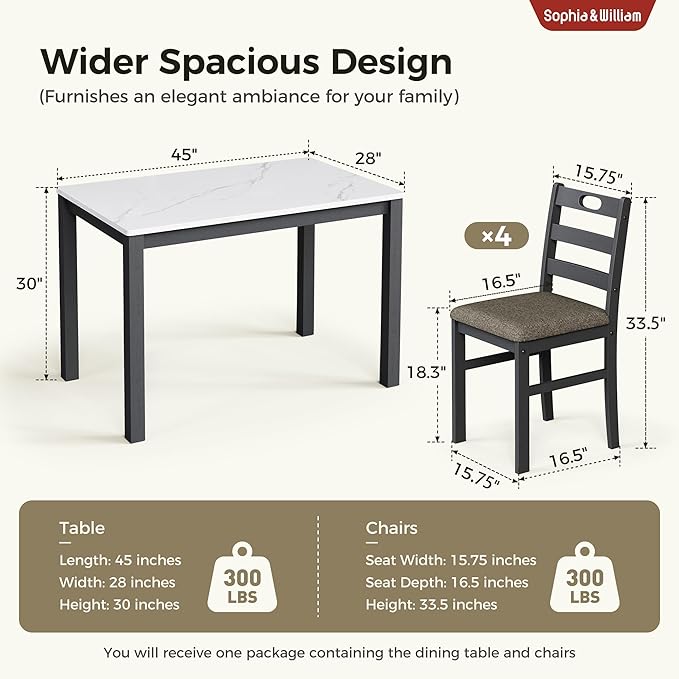 Sophia & William 5 Piece Dining Table Set for 4, Faux Marble Kitchen Table and Chairs Set, Solid Wood Farmhouse Dinner Table Set,Venatino White Marble & Black