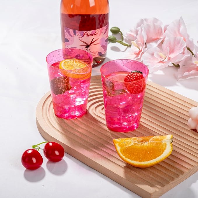 DaYammi 100 Pack Pink Plastic Cups 10Oz Clear Pink Disposable Party Cups for Martini and Cocktail,Fancy Disposable Cup for Wedding,Pink Party Cups Perfect for Valentine's Day Mother's Day Party